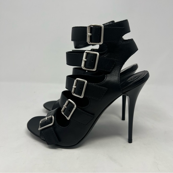 NEW Giuseppe Zanotti Buckle Strap Stiletto Heels Black Strappy Leather Size 37.5 - Picture 5 of 10